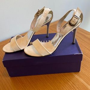 STUART WEITZMAN High Heel Patent White & Silver Ankle Strap Sandals Sz 8-1/2M